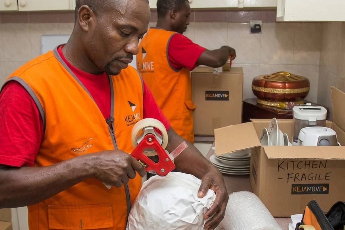 KejaMove crew carefully wrapping a fragile decorative item during a Nairobi relocation