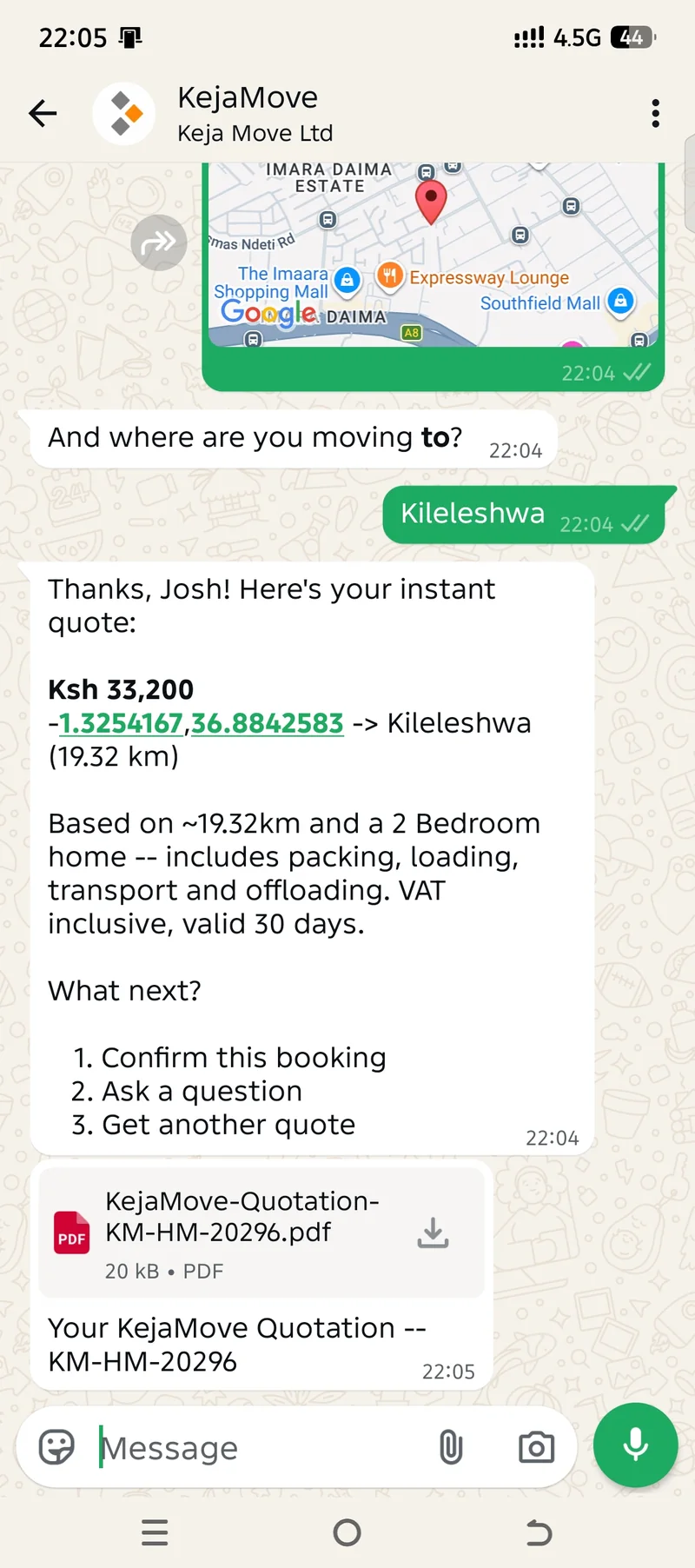 Real KejaMove WhatsApp moving quotation with an attached PDF