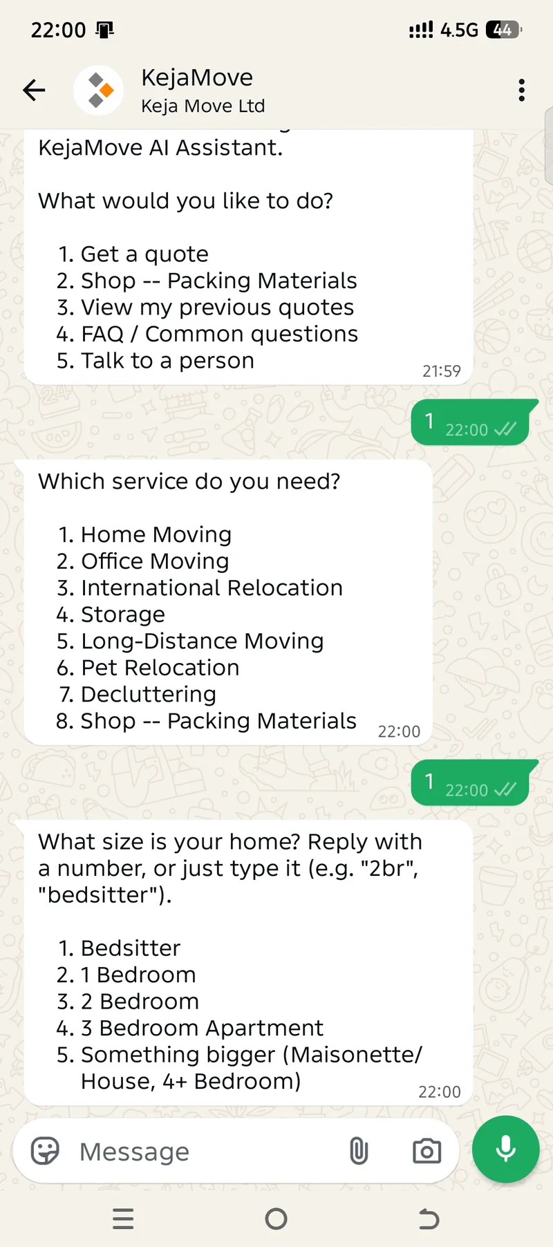 Real KejaMove WhatsApp conversation asking what size home the customer is moving