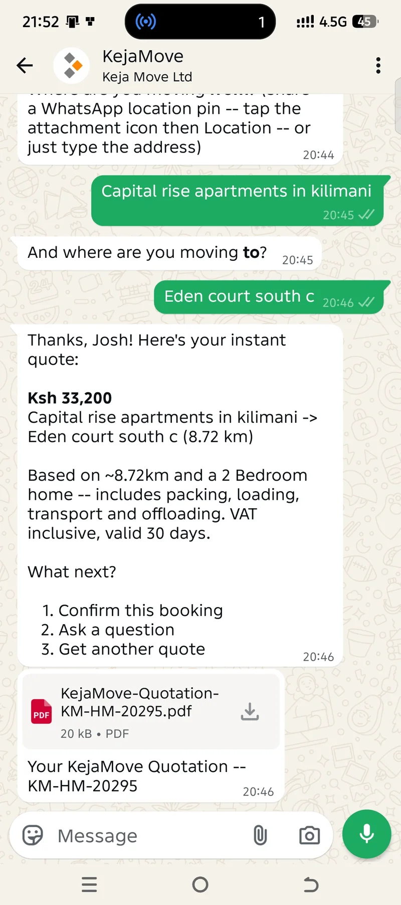 Real KejaMove WhatsApp conversation showing a generated quotation and attached PDF