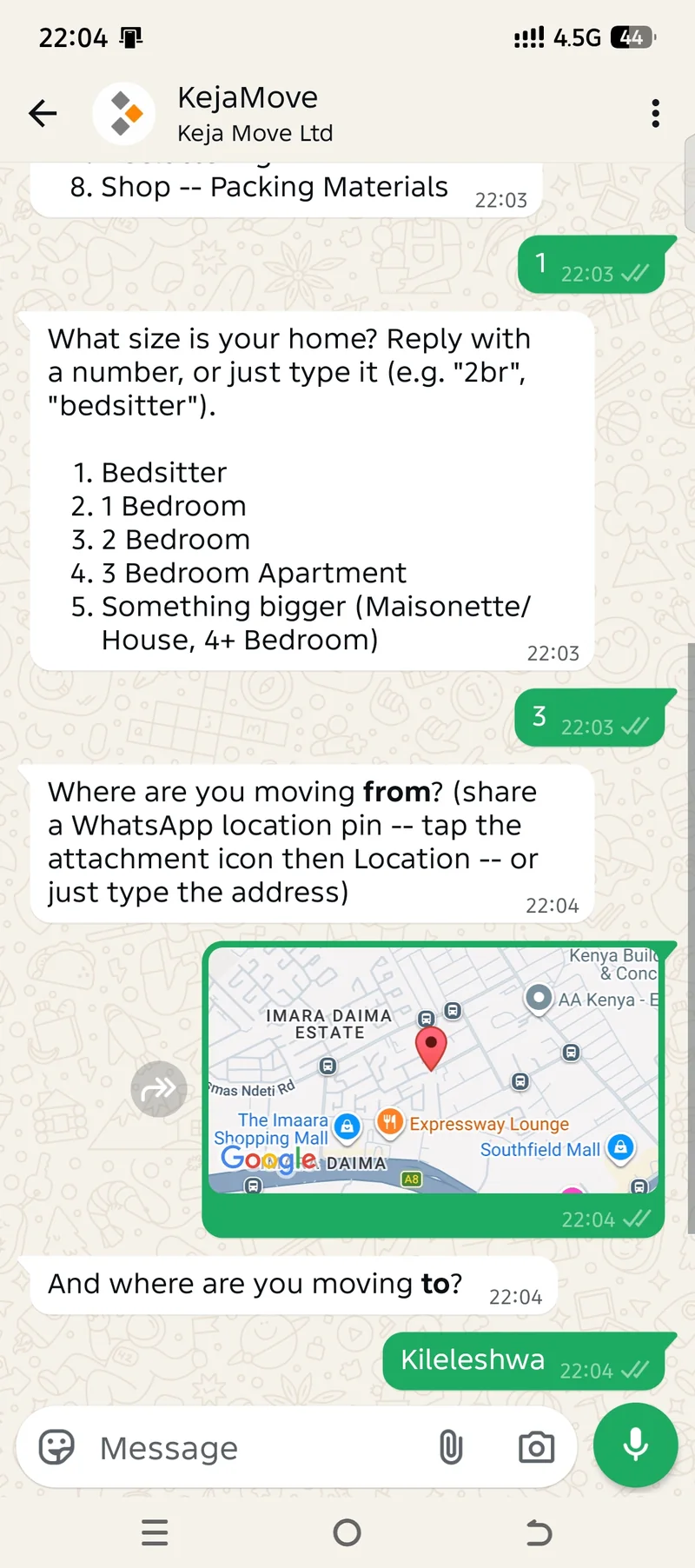 Real KejaMove WhatsApp conversation asking where the customer is moving from and to