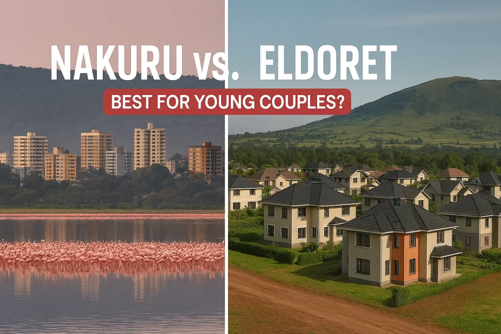 Split view of Nakuru and Eldoret – Lake Nakuru flamingos and skyline versus Elgon Hills and modern Eldoret homes – Kejamove comparison
