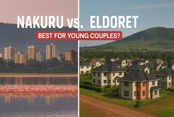 Split view of Nakuru and Eldoret – Lake Nakuru flamingos and skyline versus Elgon Hills and modern Eldoret homes – Kejamove comparison