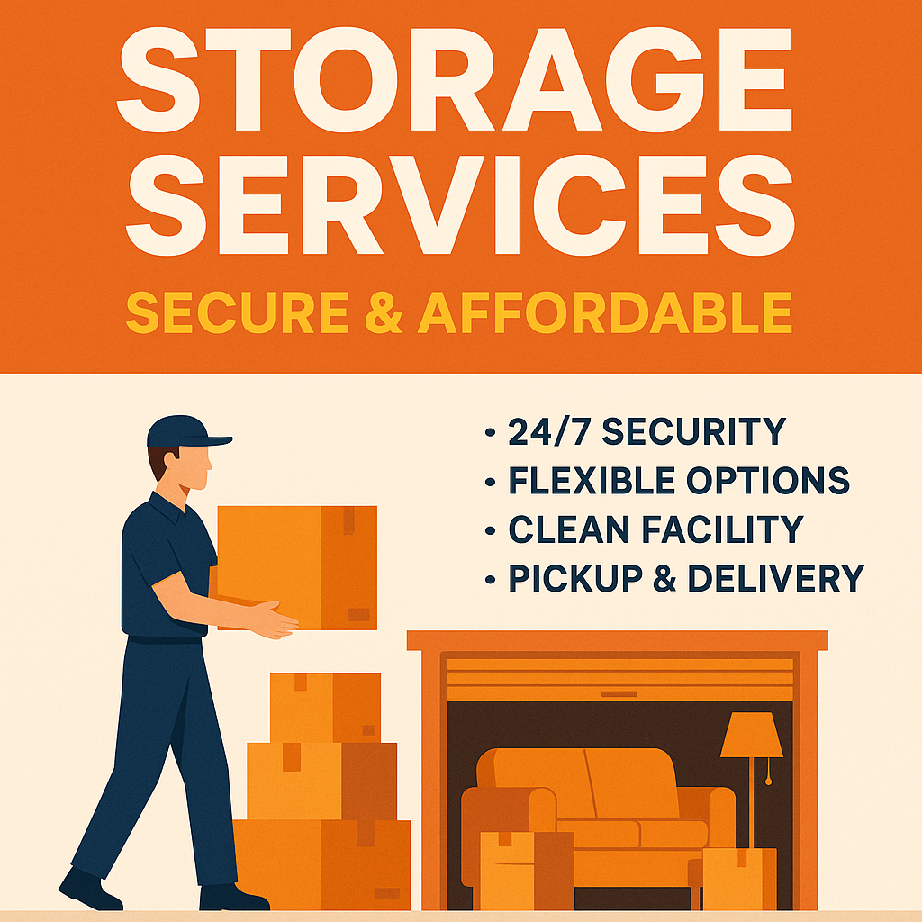 Smiling Kenyan mover in blue uniform holding a cardboard box beside bright orange storage units, with bold text reading “Storage Services – Secure & Affordable – Keja Move.”