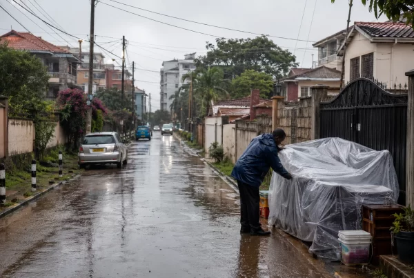 Nairobi residential street during heavy rain with household furniture covered for protection