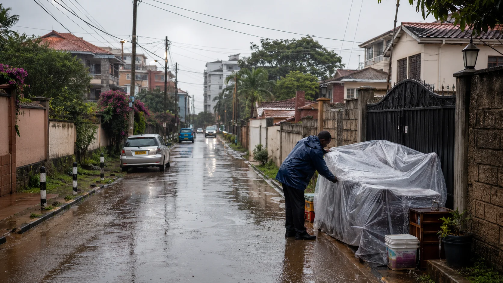 Nairobi residential street during heavy rain with household furniture covered for protection