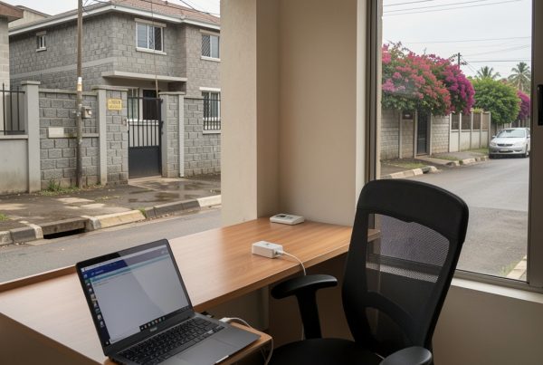 A modern home office setup in Nairobi with surge protection equipment to safeguard against power grid instability.
