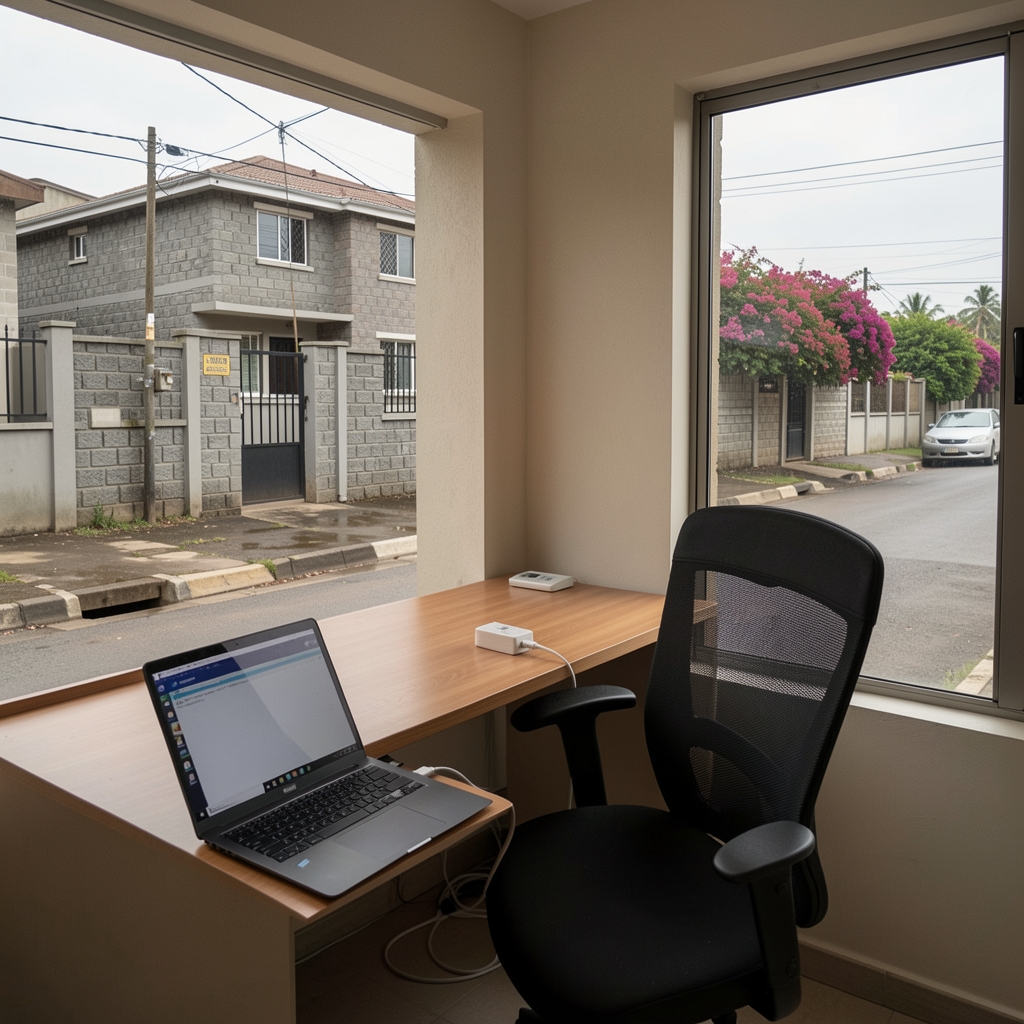 A modern home office setup in Nairobi with surge protection equipment to safeguard against power grid instability.