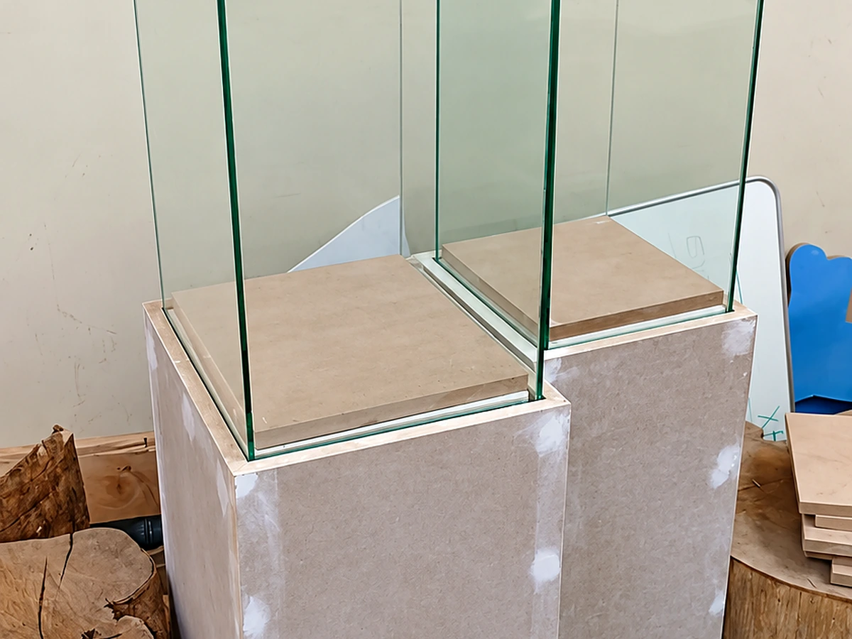 Glass museum display cases prepared for packing