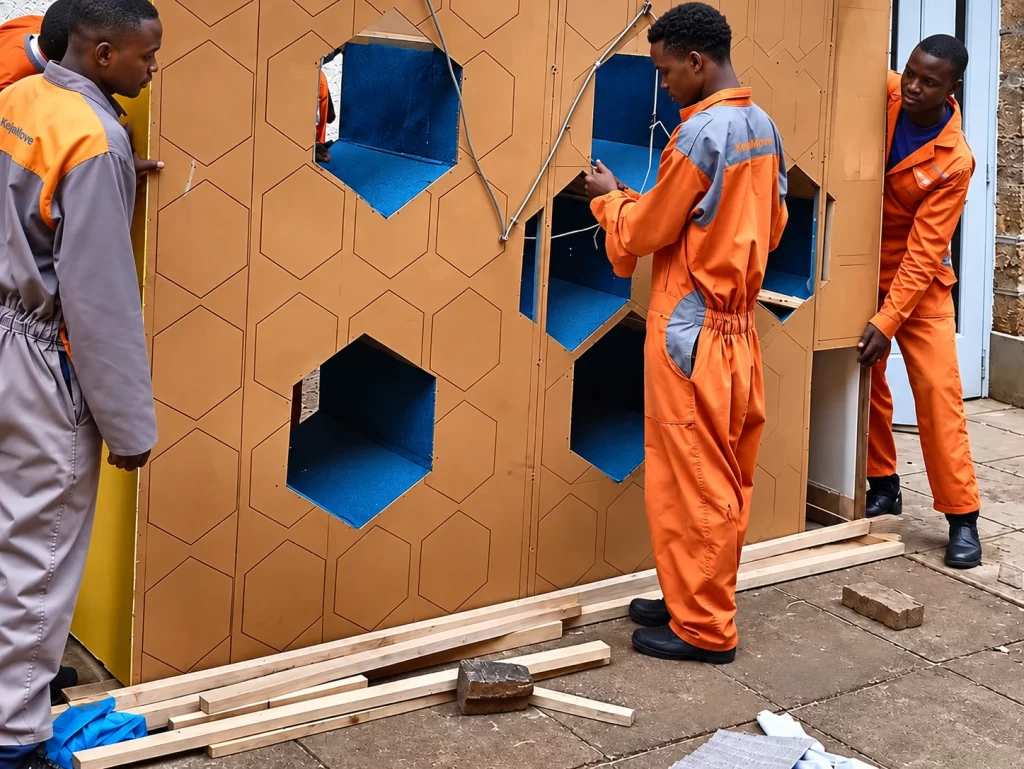 KejaMove crew handling the large honeycomb exhibition structure