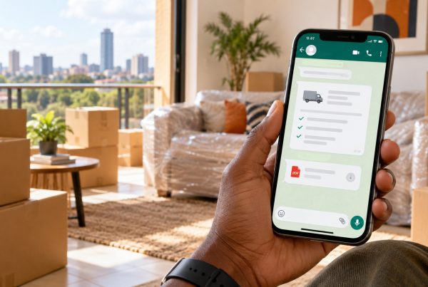 Person holding a smartphone showing a KejaMove WhatsApp moving quotation and PDF attachment, with packed boxes and wrapped furniture in the background