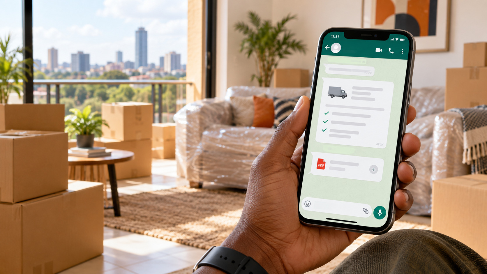 Person holding a smartphone showing a KejaMove WhatsApp moving quotation and PDF attachment, with packed boxes and wrapped furniture in the background