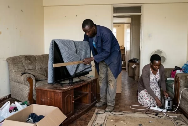 A family moving into a new home in Nairobi during a resettlement process.