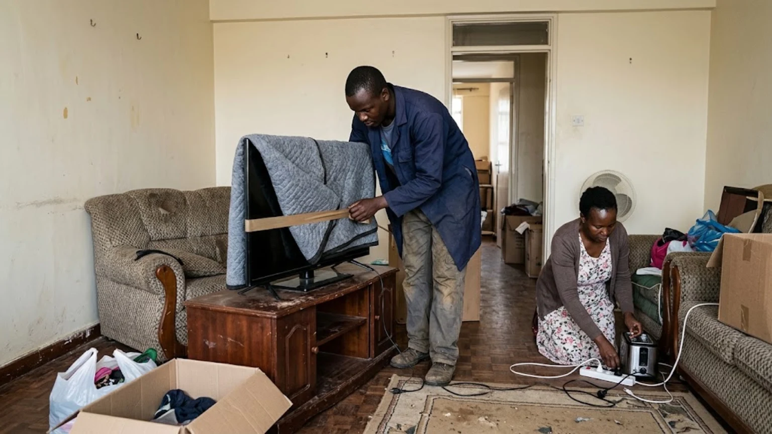 A family moving into a new home in Nairobi during a resettlement process.